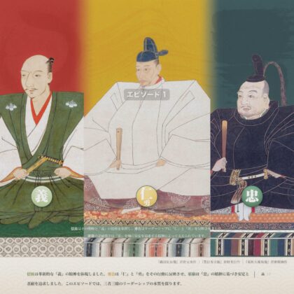 織田信長・豊臣秀吉・徳川家康の肖像を並べた、ストーリー編エピソード1の扉絵