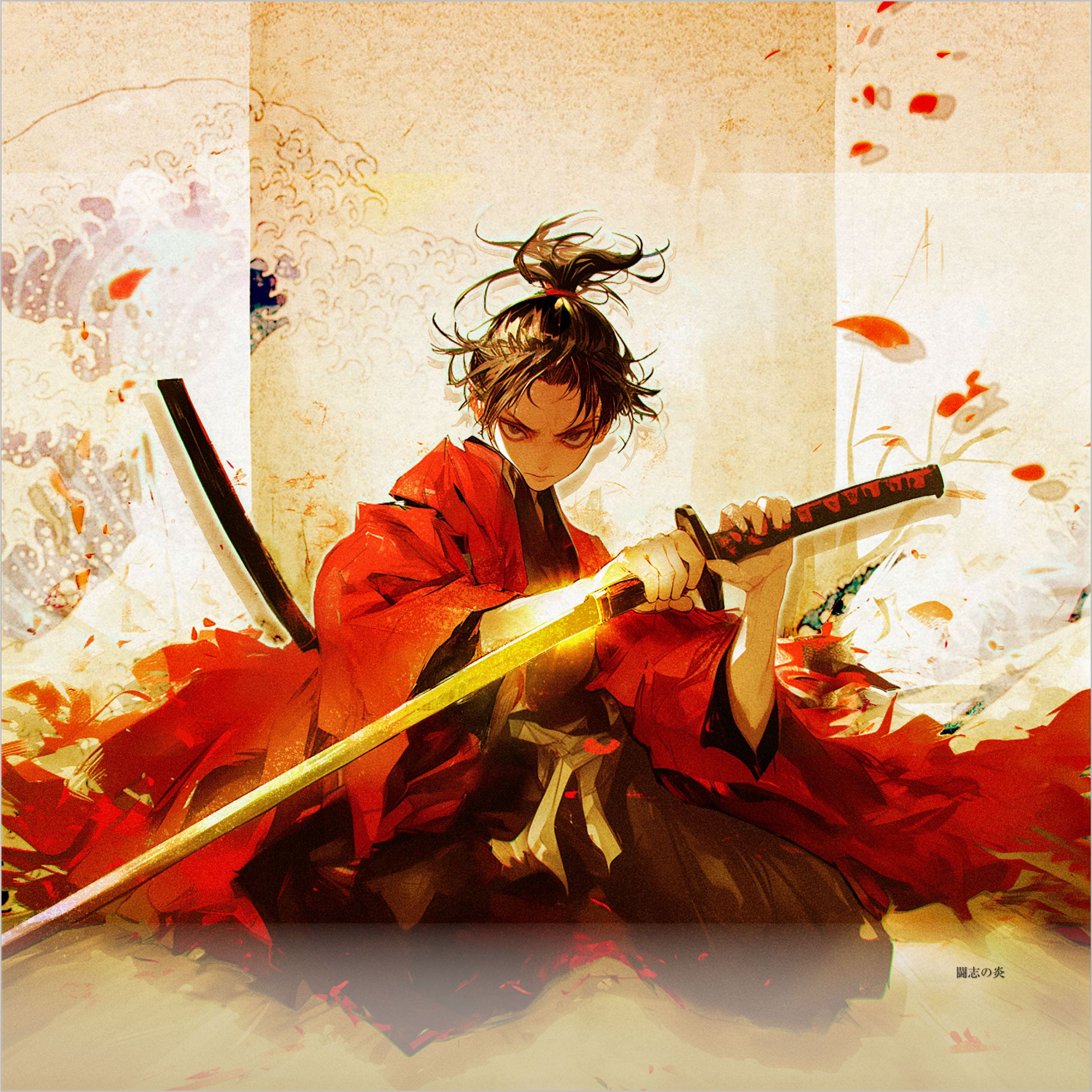 若き武将が刀を構える姿を描いたAIイラスト。燃えるような情熱と静かな決意を象徴している。