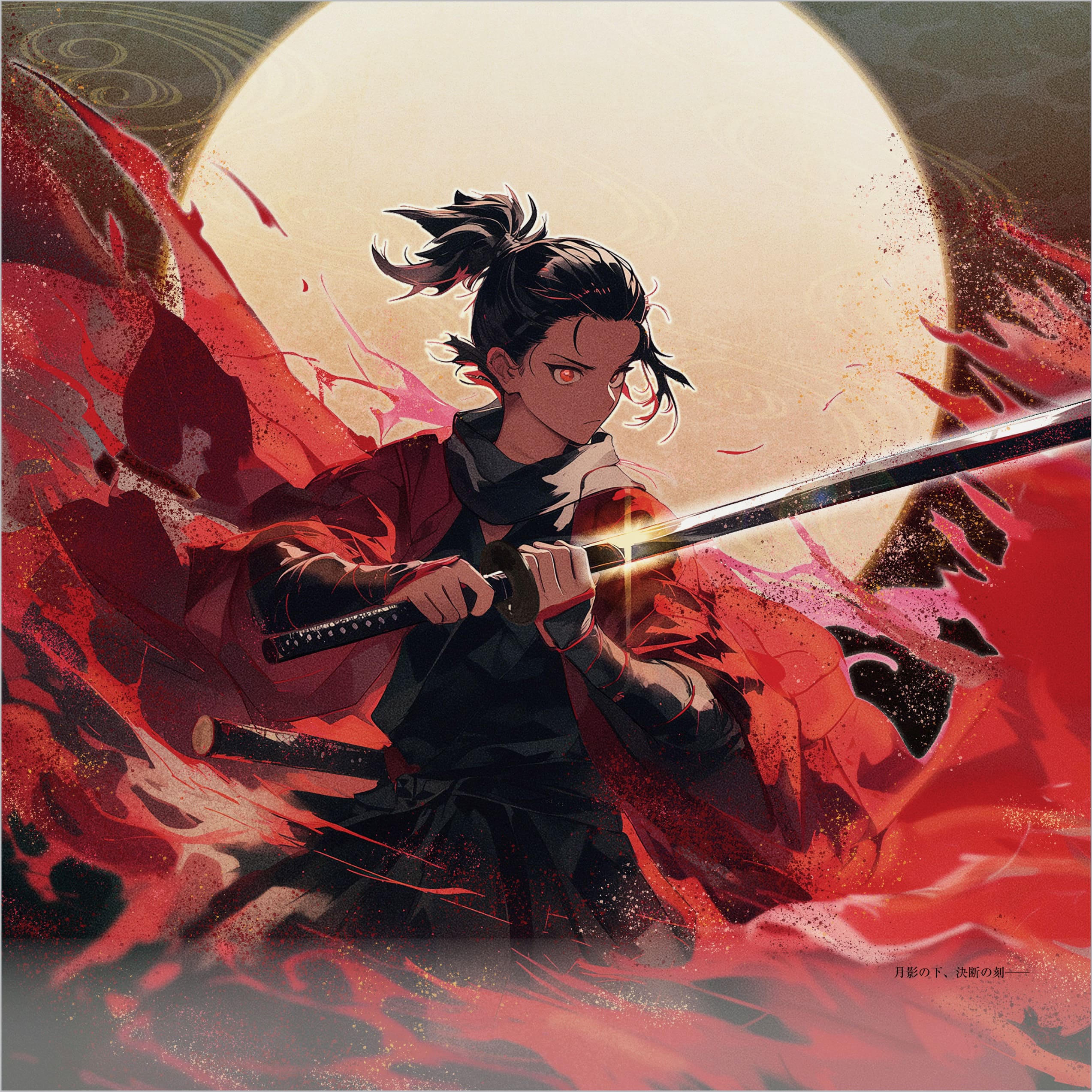 満月を背に、赤い炎のような気配をまといながら、若き剣士が両手で刀を構え、決断の瞬間を迎えているAIイラスト