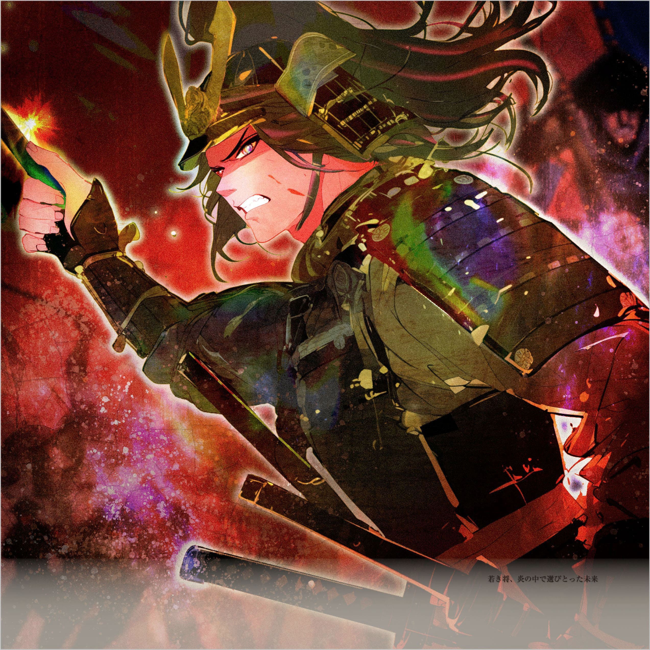 炎の中で未来を見据える若き武将のAIイラスト。家康の決意と現代のリーダーの覚悟を象徴するシネマティックな表現。