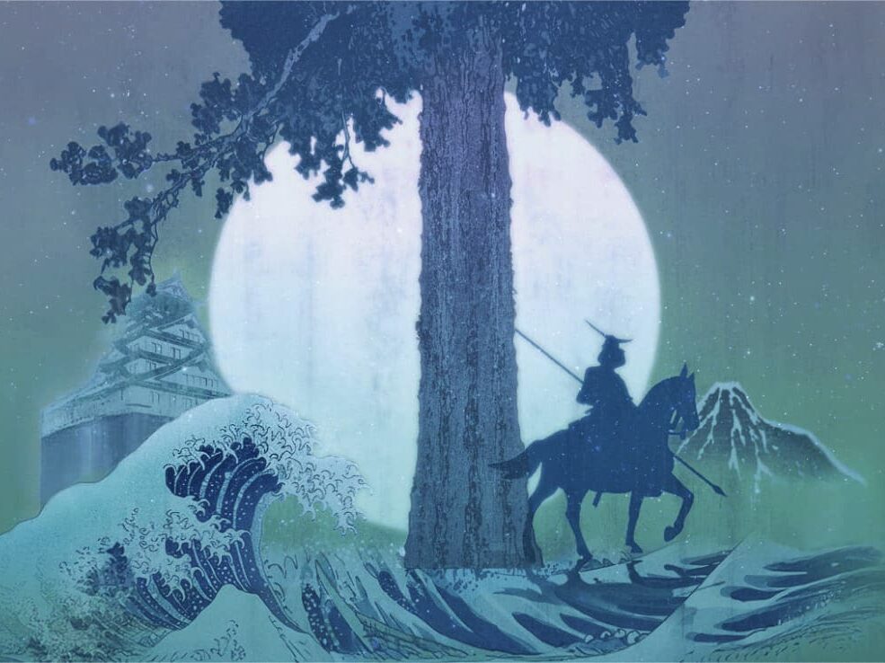 大きな満月と高くそびえる木を背景に、波の上に立つ騎馬武者のシルエットが浮かび上がる幻想的なイラスト。