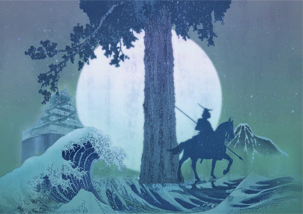 大きな満月と高くそびえる木を背景に、波の上に立つ騎馬武者のシルエットが浮かび上がる幻想的なイラスト。