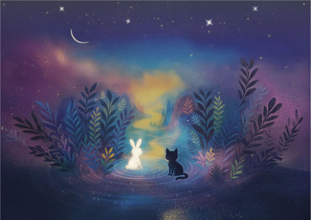 月明かりの夜、静かな湖に立つ白いうさぎと黒いねこが、光のゆらぎに包まれて向かい合っている幻想的なイラスト。