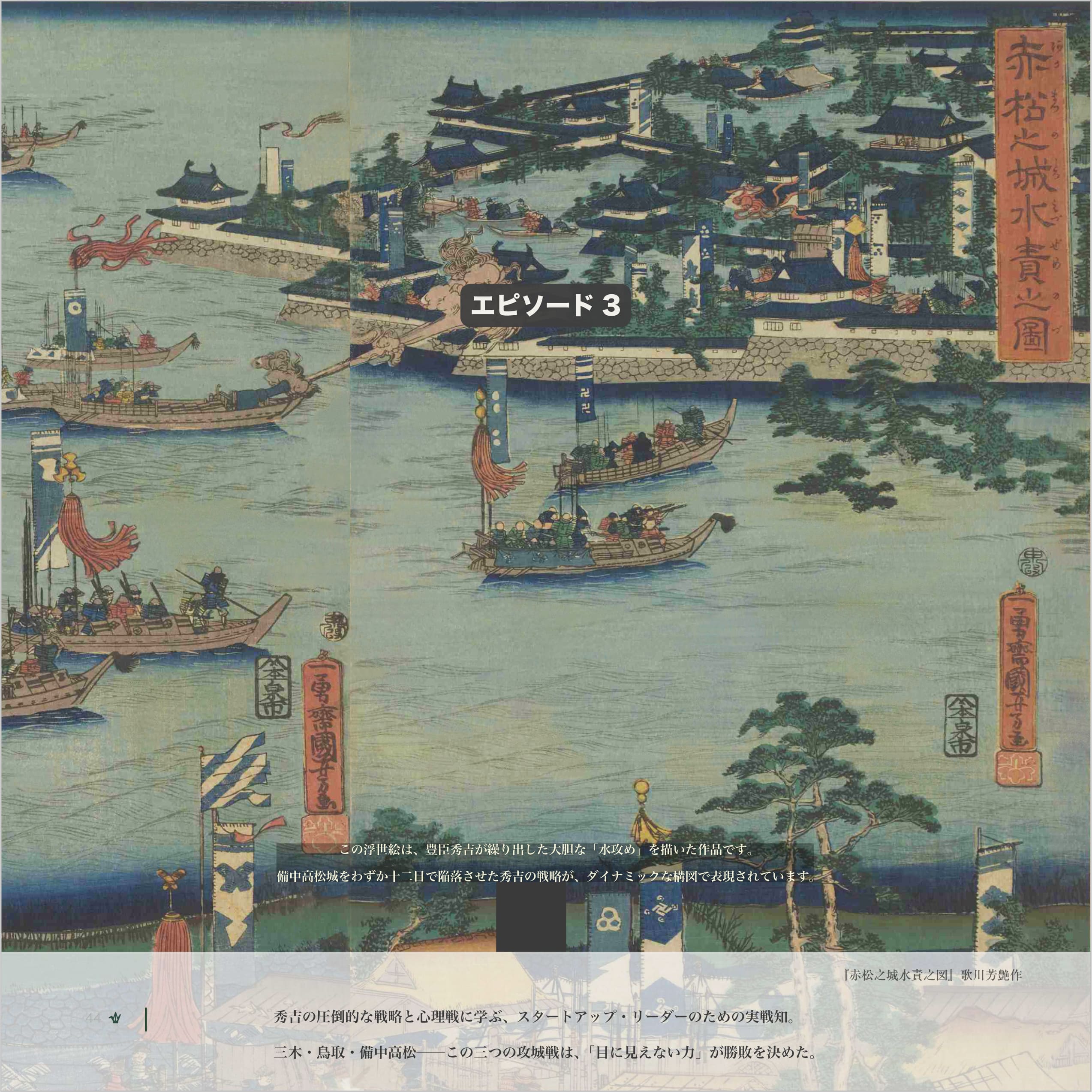 水攻めによって城の周囲を水で囲み、船や兵が配置された赤松城攻めの様子を描いた浮世絵。