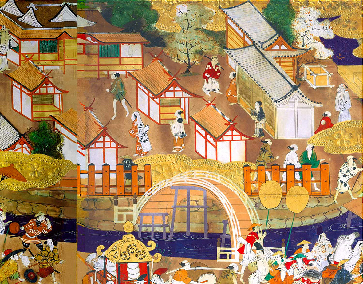 大坂市中から南方に位置する住吉大社の社殿と周辺の景観。都市と宗教施設が連続して配置されている様子が分かる。