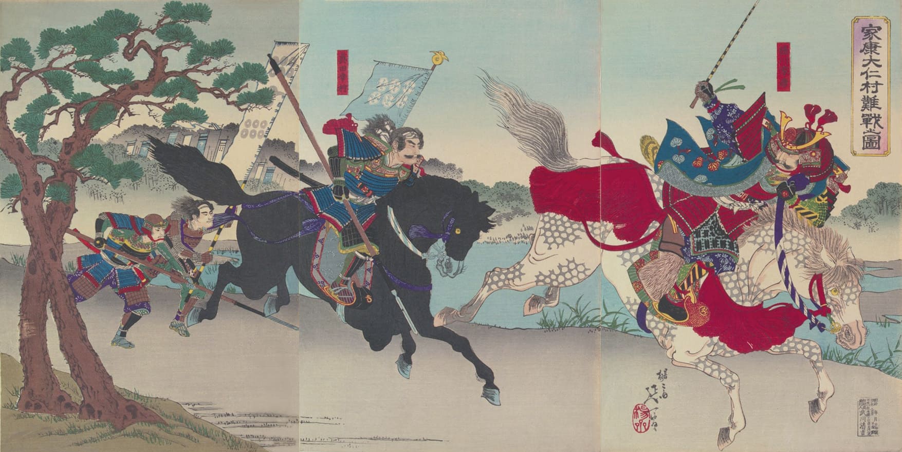 馬上の徳川家康と真田勢が対峙する戦場の場面。躍動する騎馬と武将たちが、戦国の緊張と転換点を象徴的に描いている。