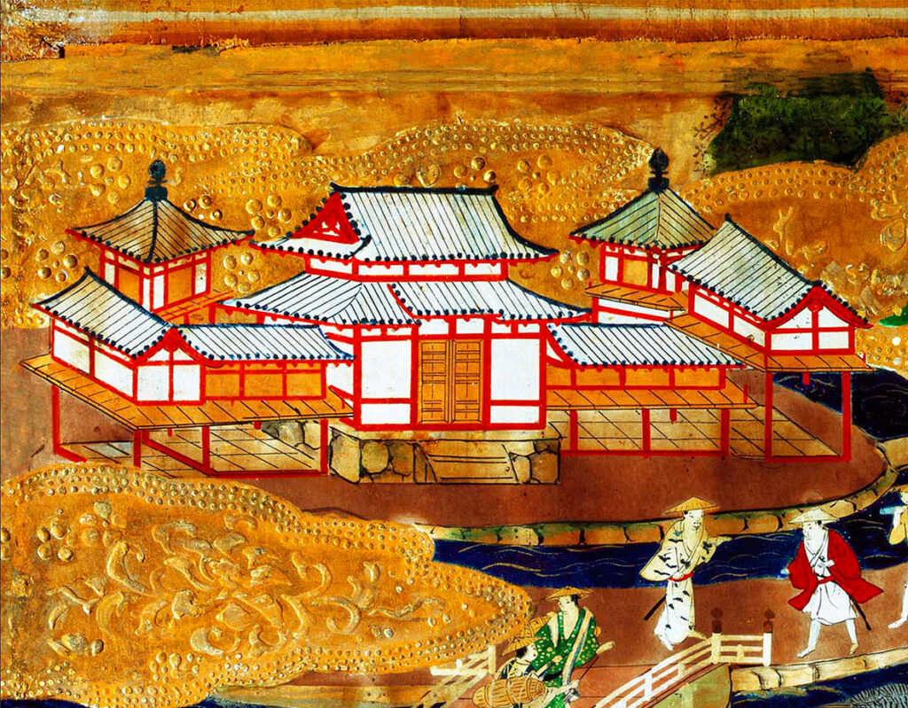 平等院鳳凰堂を描いた部分。池泉と堂宇が描かれ、宗教建築と景観が一体となった構成が表現されている。