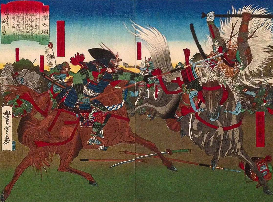 豊臣秀吉の九州平定での戦いを題材に、加藤清正が騎馬で敵将と激しく槍を交える場面を描いた浮世絵。迫力ある動きと色鮮やかな甲冑が戦国武将の武勇を象徴している。