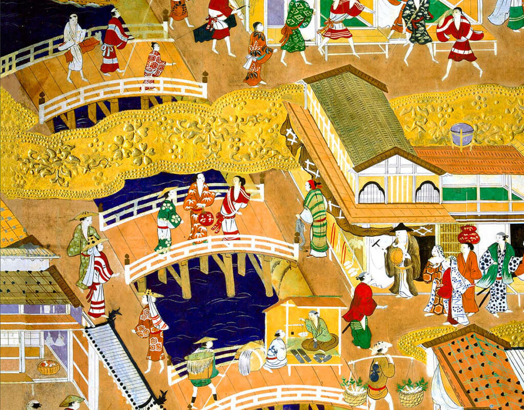 市街地を貫く東横堀川の水路。川沿いに建物や橋が配置され、交通と都市基盤として機能している様子が描かれている。