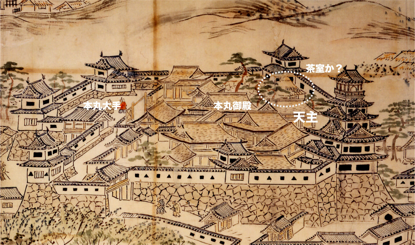 肥前名護屋城と広大な城下町を俯瞰的に描いた屏風絵。城郭、武家屋敷、寺社、町並みが金地に緻密に描かれ、大陸遠征のために構築された巨大軍事都市としての姿が示されている。