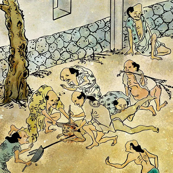 鳥取城籠城戦の飢餓状態を描いた江戸期の挿絵。衰弱した兵や民が倒れ込む様子が描かれ、秀吉による補給線遮断戦の厳しさを伝える。