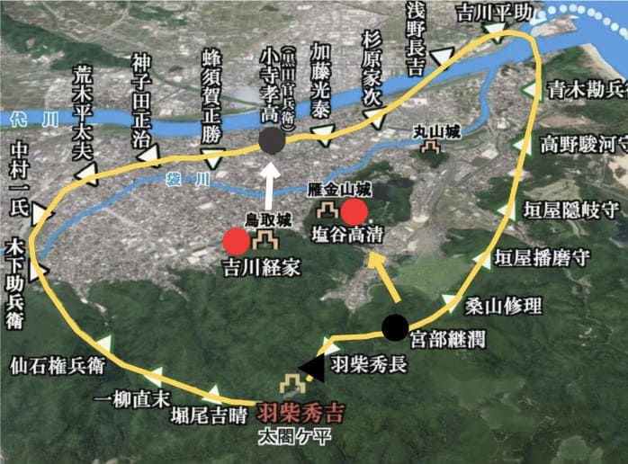 鳥取城の周囲を黄色いラインで囲み、秀吉軍の位置と包囲の動きが示された地図。補給線を断つ戦略を視覚化した図。